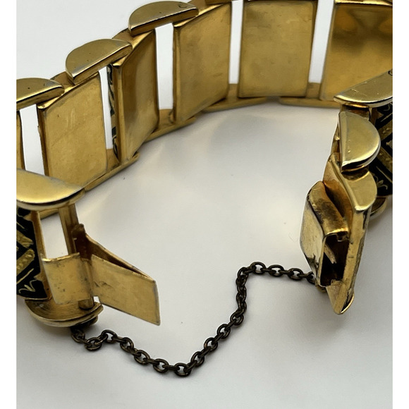 Vintage Damascene Link Bracelet Floral Pink Roses Black & Gold Tone Panels Chain - Picture 6 of 10